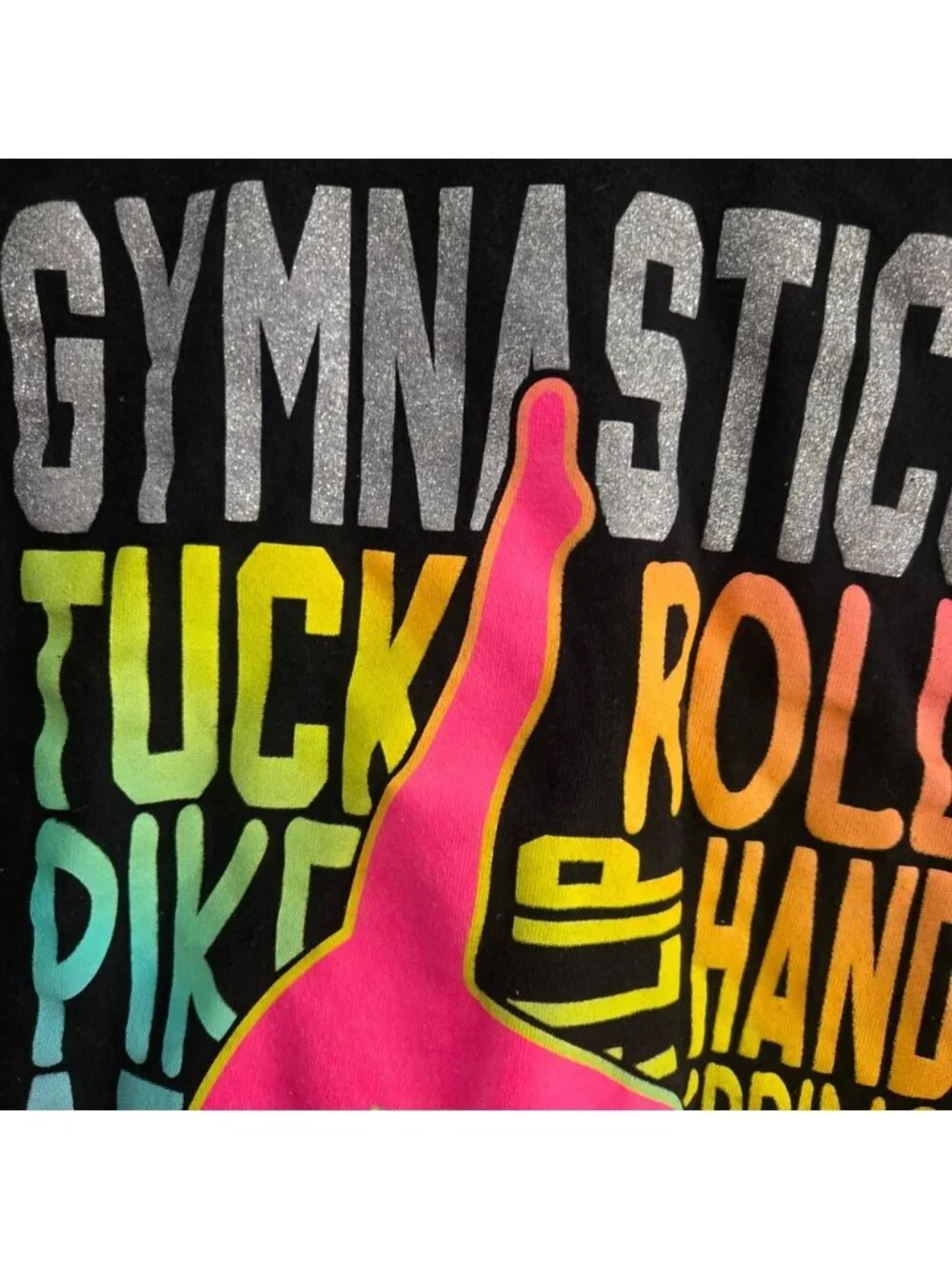 The Childrens Place Girls Black Gymnastics Rainbow Glitter Graphic‎ Tee Medium 7